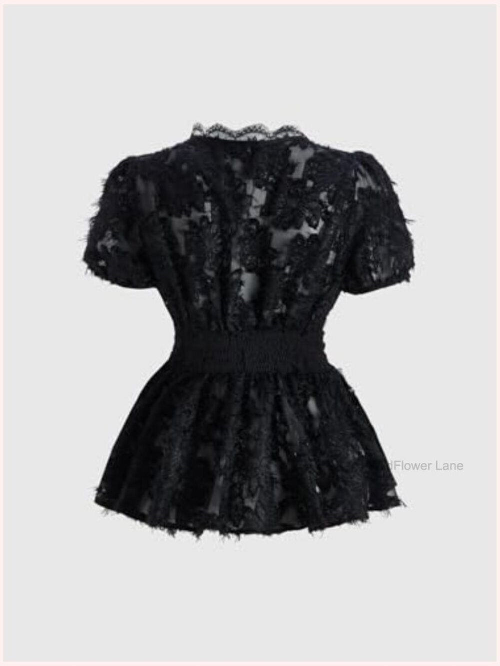 Lace Peplum Top with Deep V Neck and Puff Sleeves - Picture 2 of 5